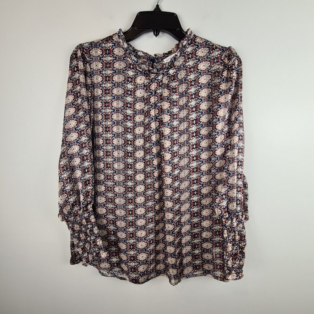 Maison‎ d'Amelie High Collar Long Sleeve Blouse Medium Ruffle Floral Geometric